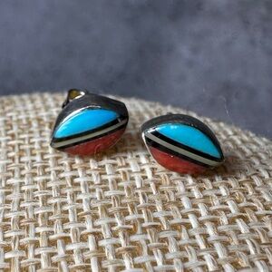 Delicate Zuni Native American sterling silver turquoise onyx and coral pierced
